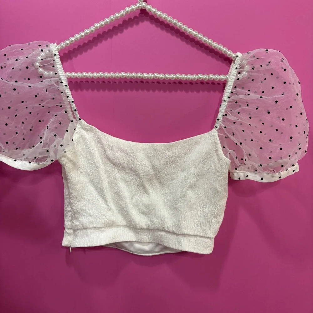 Zara White Cropped Top with Polka Dot Sheer Puff Sleeves